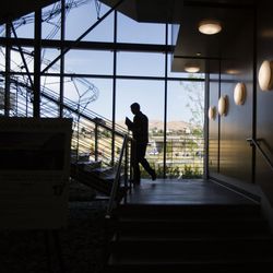 An Adobe employee walks up the staircase at the Adobe office in Lehi on Thursday, July 13, 2017. This staircase has a wire ball drop where employees and their families can drop balls down as a small incentive to use the stairs and avoid the elevators.