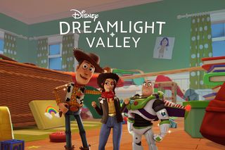 Een screenshot uit Disney Dreamlight Valley met Woody en Buzzy met de speler-karakter in een slaapkamer,