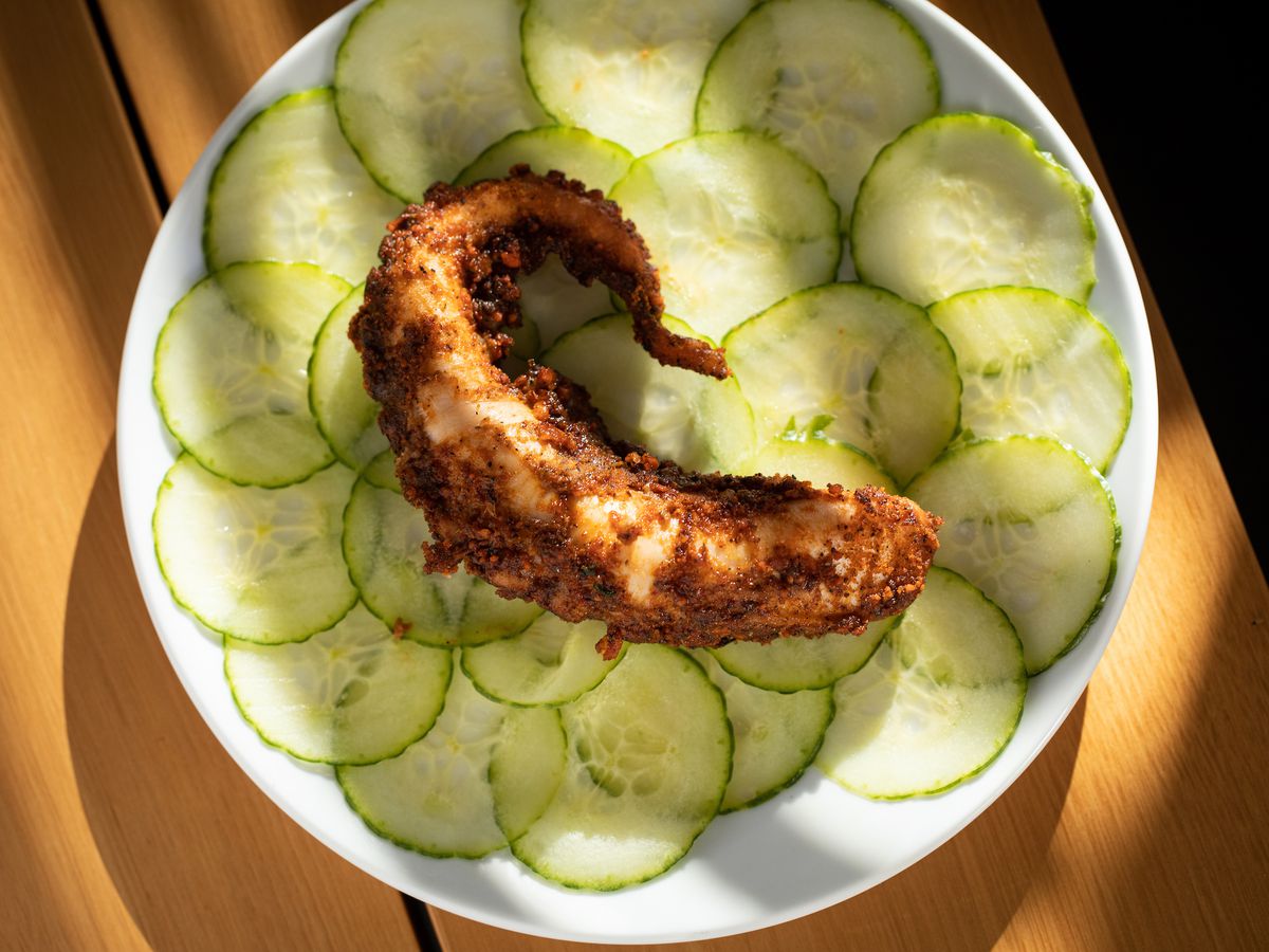 An octopus tentacle on a bed of thin cucumber slices on a white plate.