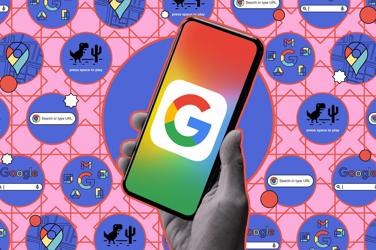 Hand holding phone with Google logo against pink background with round blue illustrations.