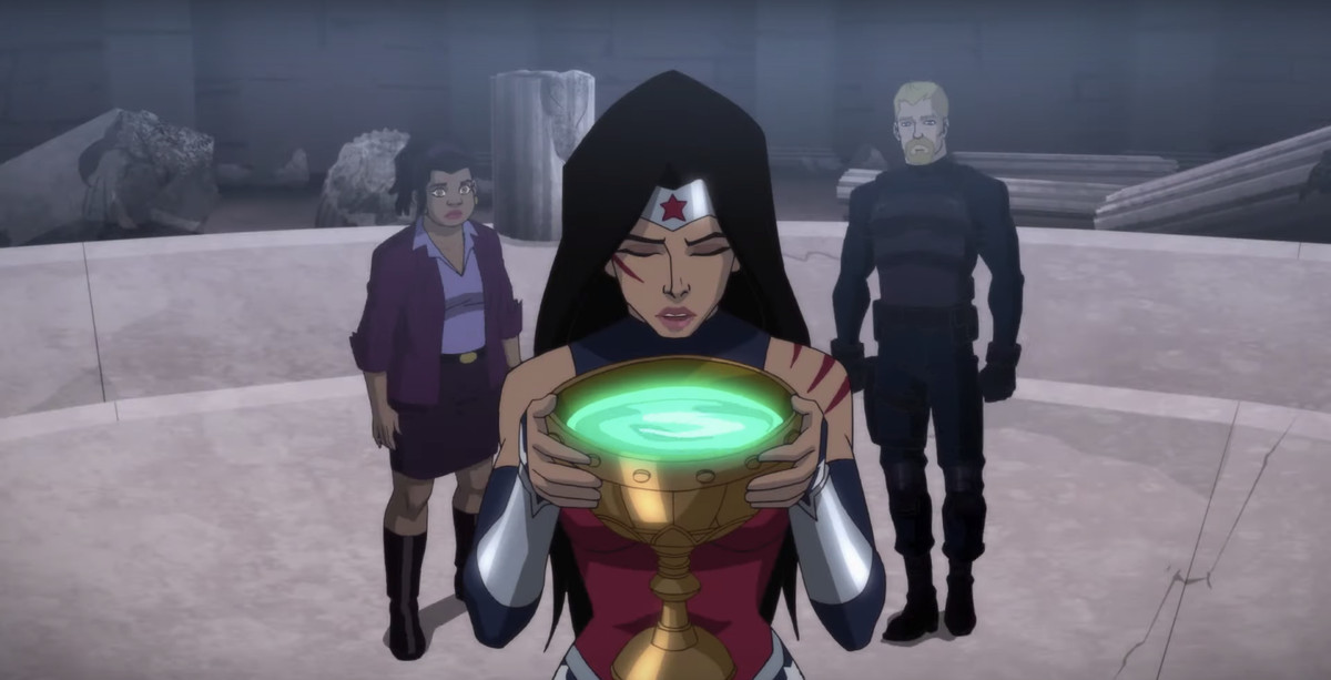 Wonder Woman raises a glowing chalice as Etta Candy and Steve Trevor look on, in Wonder Woman: Bloodlines. 