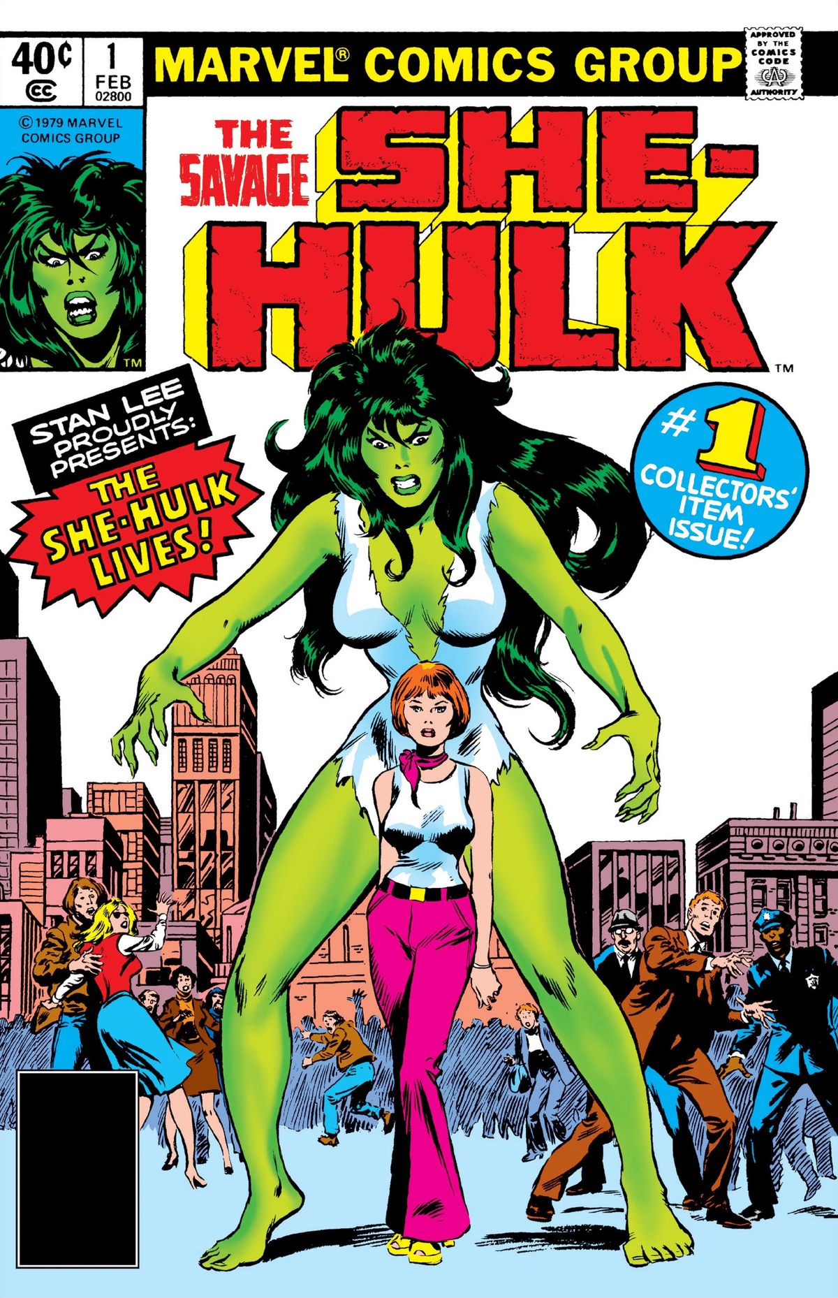 Jennifer Walters, a slight woman in bellbottoms and a bob, on the cover of Savage She-Hulk #1 (1980). Looming over here stands the snarling image of her big green alter ego, She-Hulk. 
