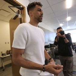 Utah Jazz forward Thabo Sefolosha enters the media room at Zions Bank Basketball Center in Salt Lake City on Thursday, April 25, 2019. Utah's season ended with Wednesday's loss to Houston in the NBA playoffs.