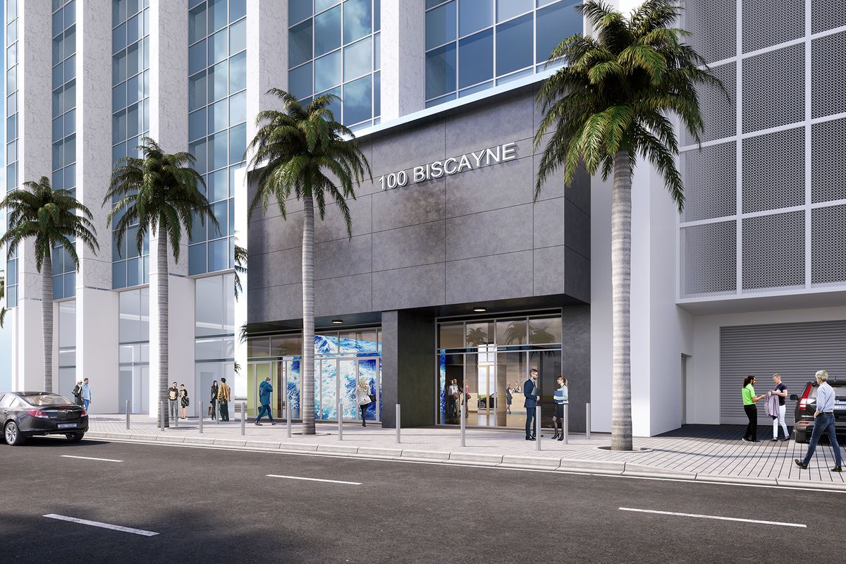 A rendering of 100 Biscayne at street level after the renovation