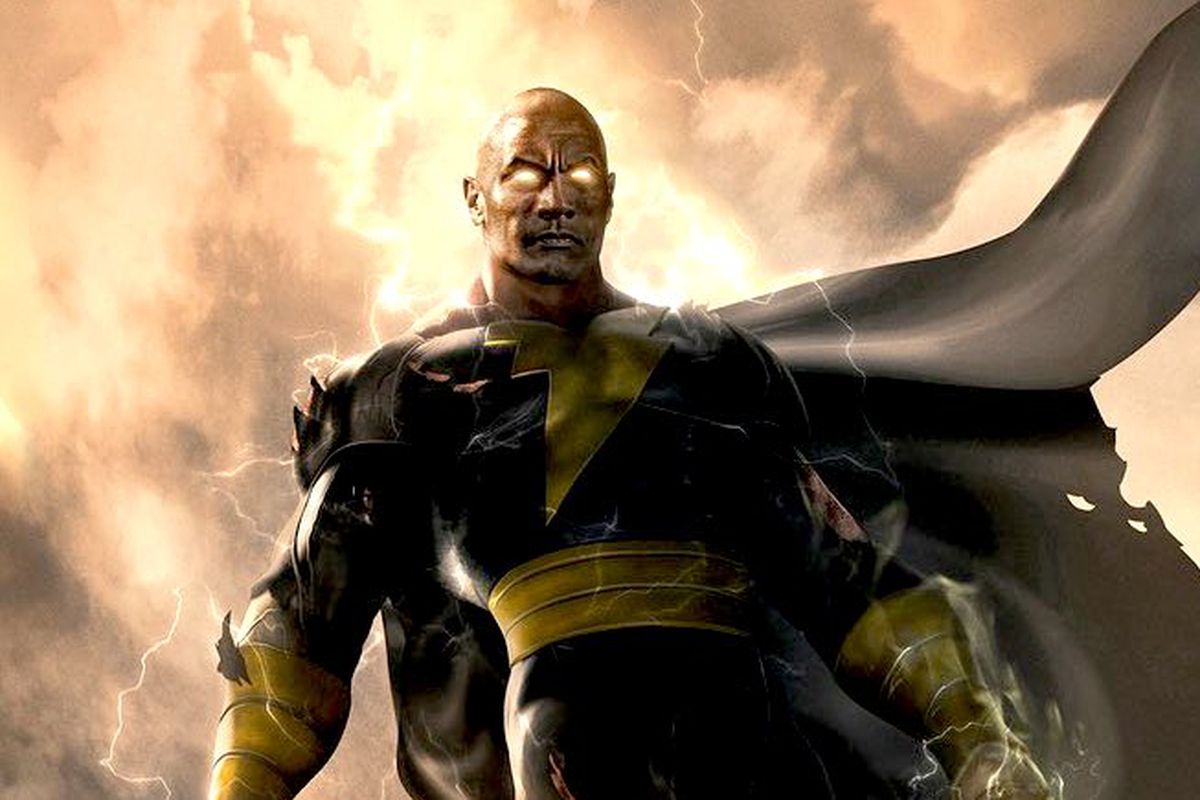 black adam concept art of the rock floating in the sky with electric eyes