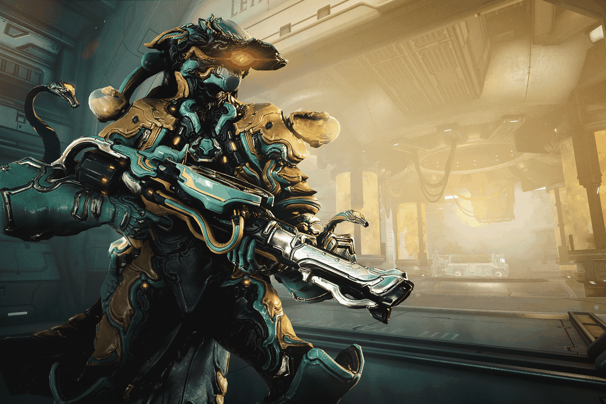 Warframe - the Lavos Warframe, coming in Operation: Orphix Venom, stands with his signature weapon