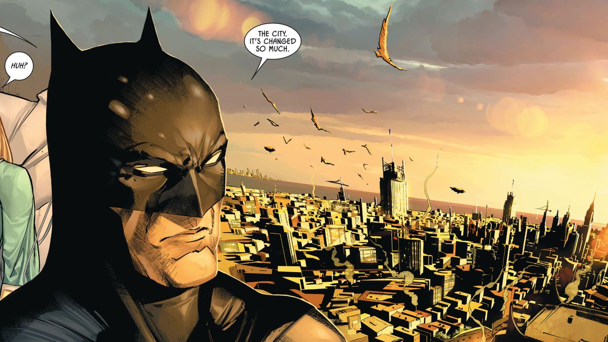 “The city,” Batman says, looking out over Gotham at dawn, “it’s changed so much” in Batman #100, DC Comics (2020).