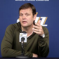 Utah Jazz general manager Dennis Lindsey talks to the media at Zions Bank Basketball Center in Salt Lake City on Thursday, April 25, 2019. Utah's season ended with Wednesday's loss to Houston in the NBA playoffs.