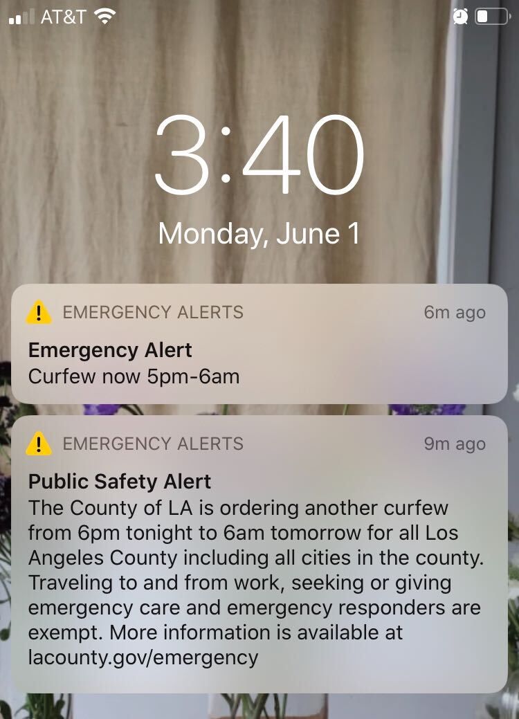 Screenshot of a phone from today showing two back-to-back public safety alerts three minutes apart.