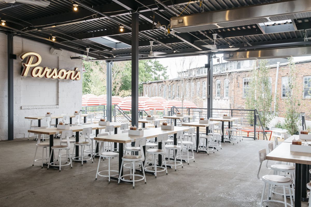 Parson’s Nashville inside seating looking out over patio tables