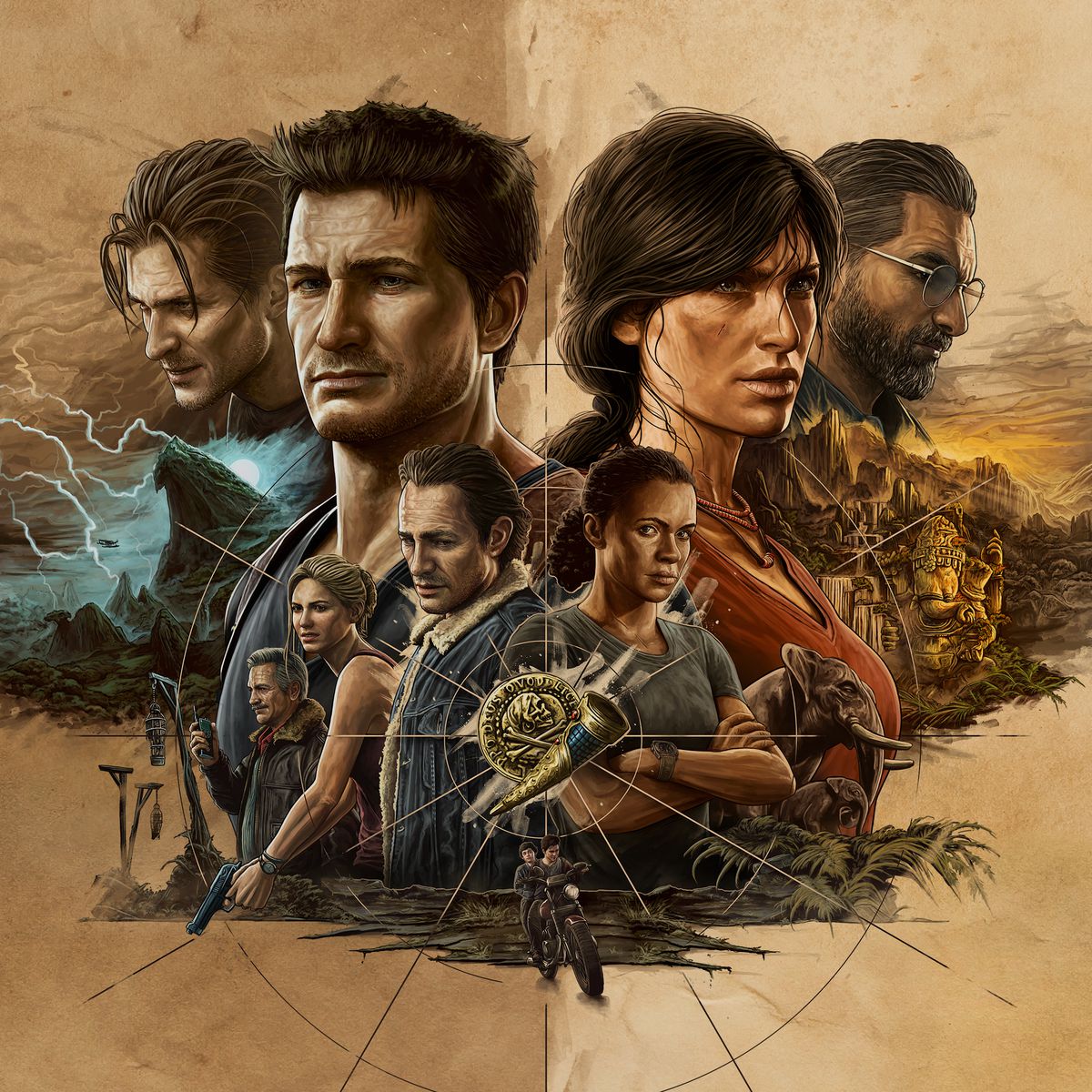 key art for Uncharted: Legacy of Thieves Collection, featuring movie poster-style artwork of characters from Uncharted 4: A Thief’s End on the left half and from Uncharted: The Lost Legacy on the right half