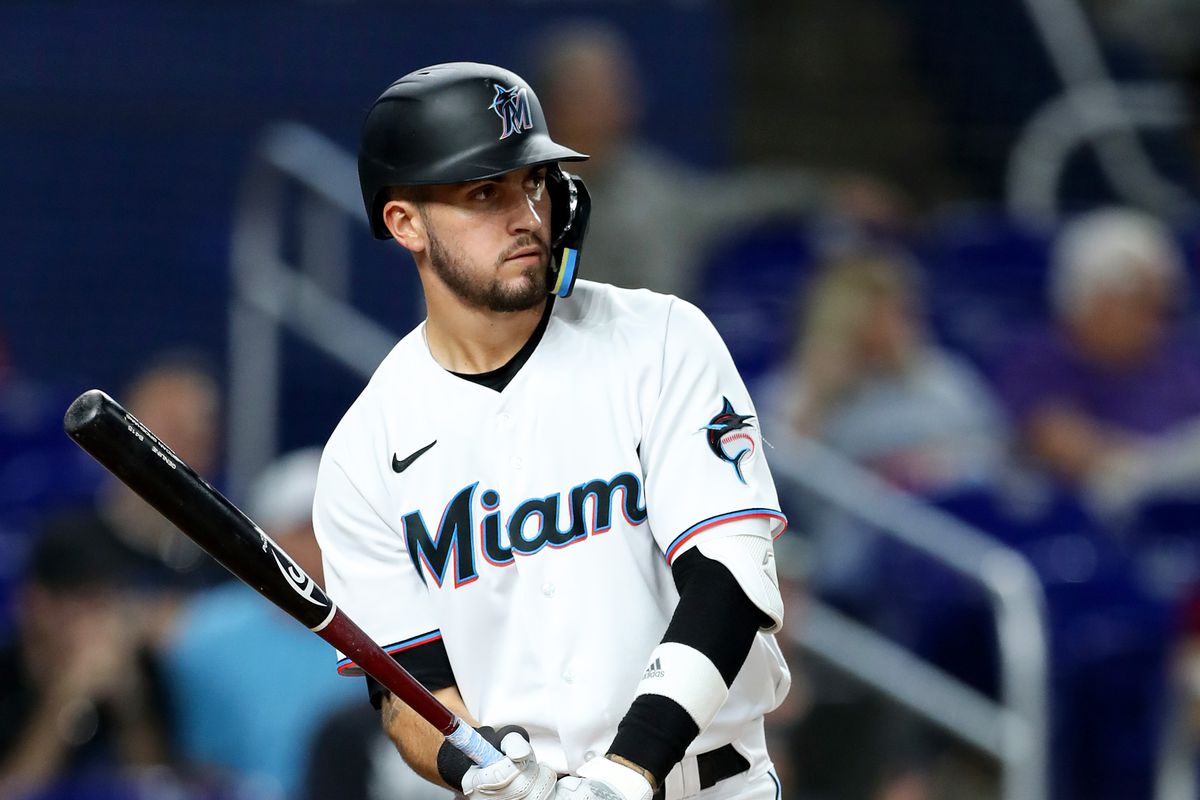 Jordan Groshans #65 of the Miami Marlins at bat against the Chicago Cubs at loanDepot park on September 19, 2022 in Miami, Florida.