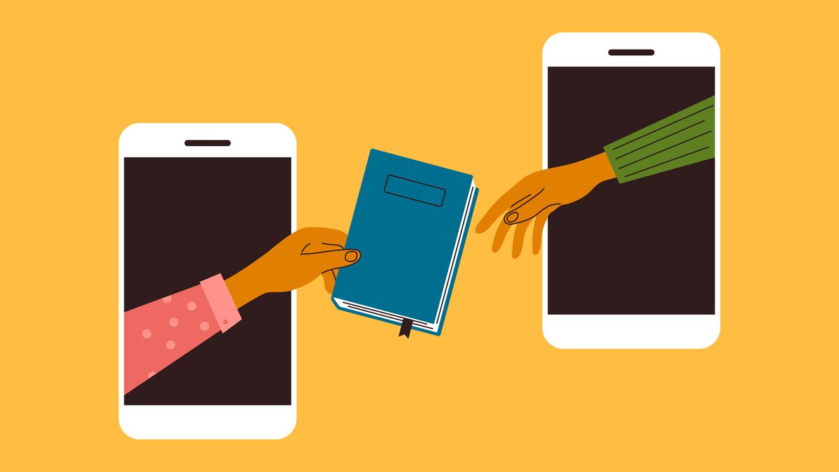 An illustration shows two smartphones sitting next to each other on a yellow background. A hand reaches out from the screen of the smartphone on the left holding a book, and another hand reaches out from the smartphone on the right to accept it.