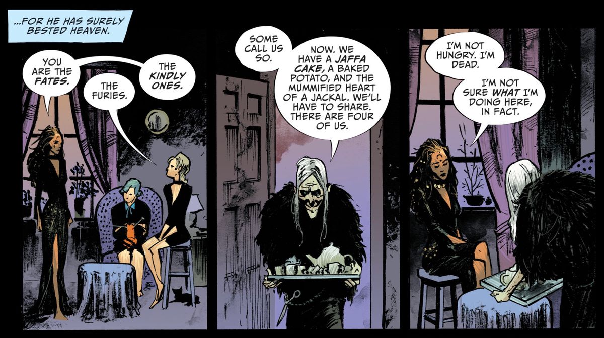 The witch Sycorax meets with the Kindly Ones (the Fates) after her long-awaited death, in Lucifer #13, DC Comics (2019). 
