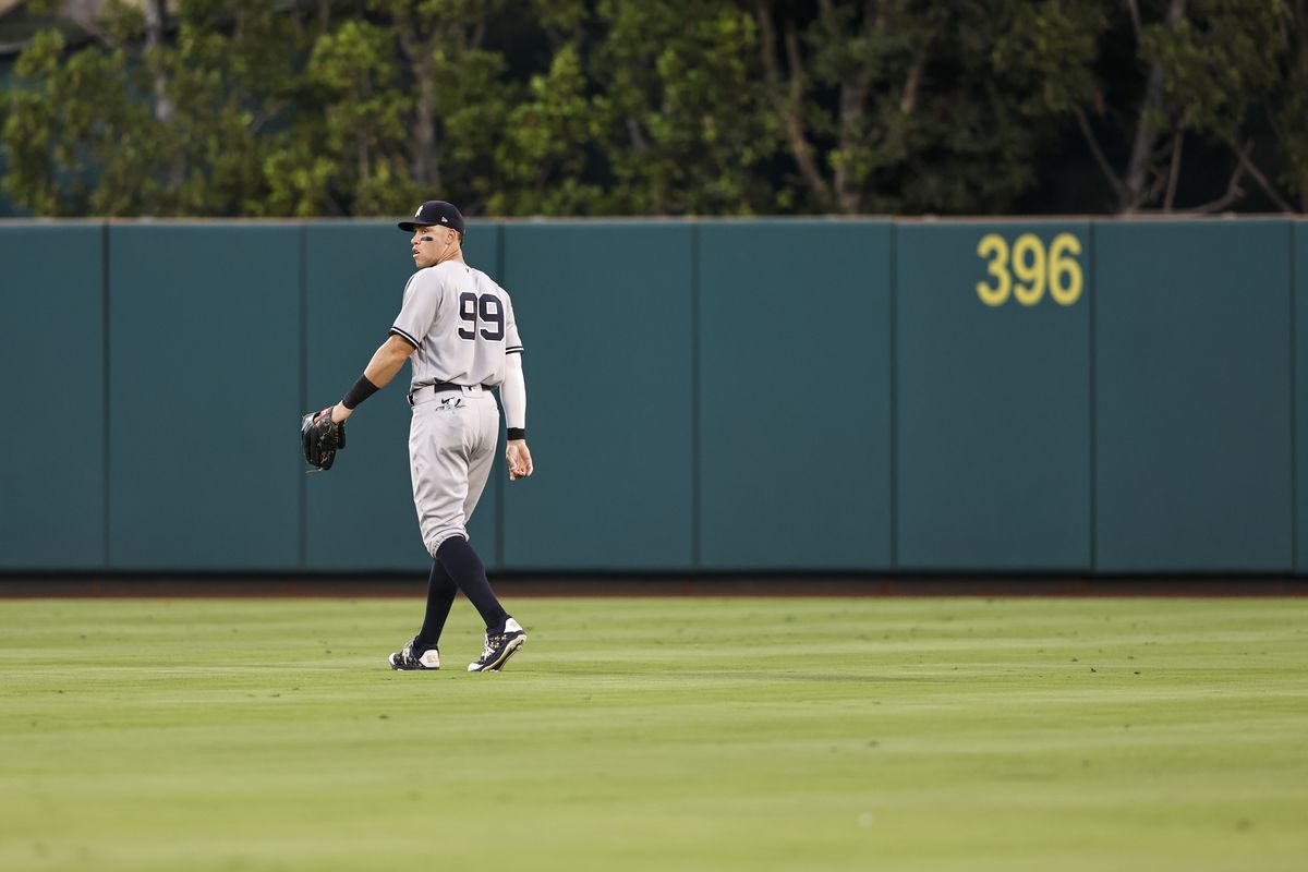 Aaron Judge #99 of the New York Yankees defends in the outfield during the second inning of a game between the Los Angeles Angels and the New York Yankees at Angel Stadium of Anaheim on August 29, 2022 in Anaheim, California.