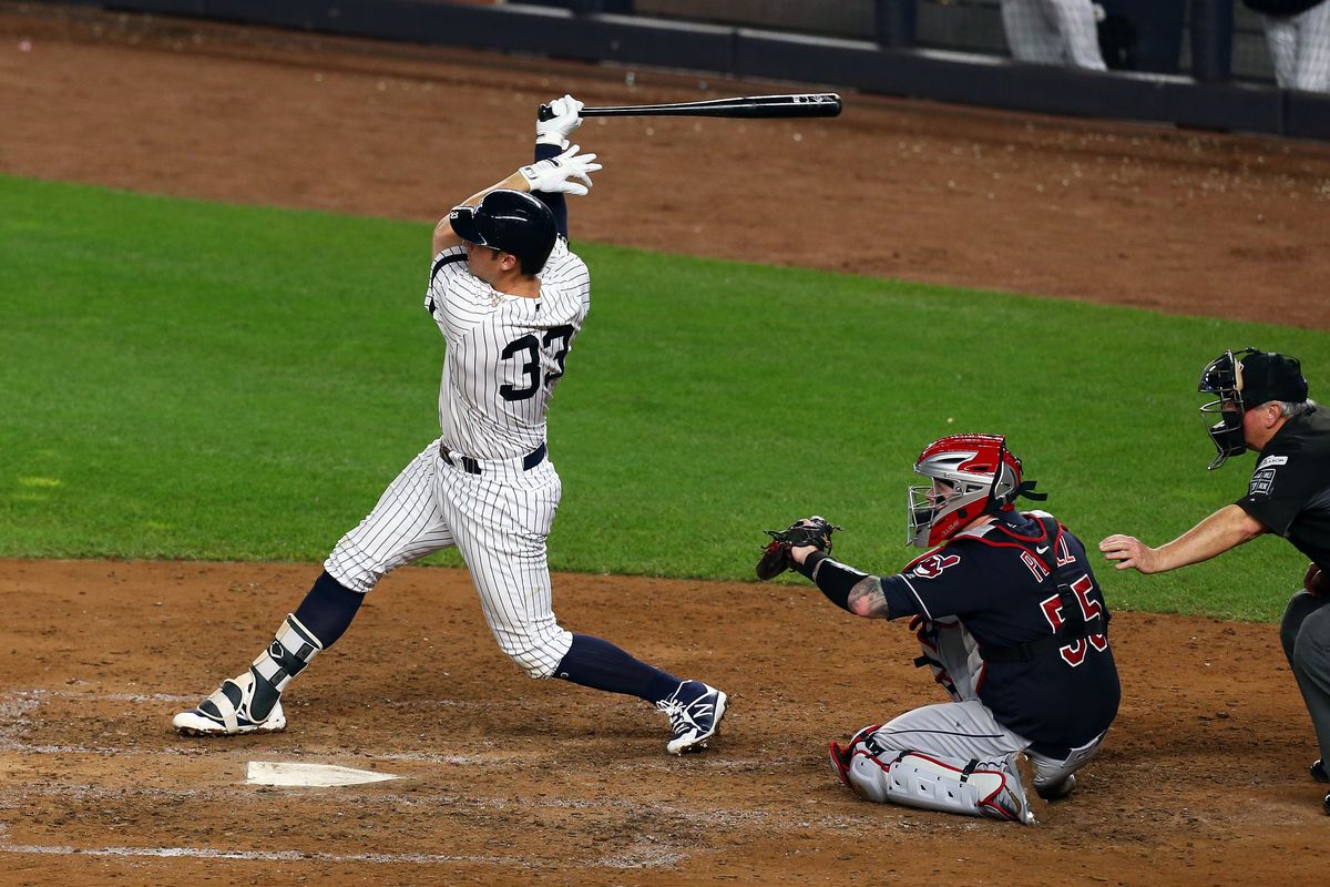 Greg Bird hits a solo home run during the seventh inning against the Cleveland Indians in Game 3 of the American League Division Series at Yankee Stadium on October 8, 2017. The Yankees won the game 1-0.