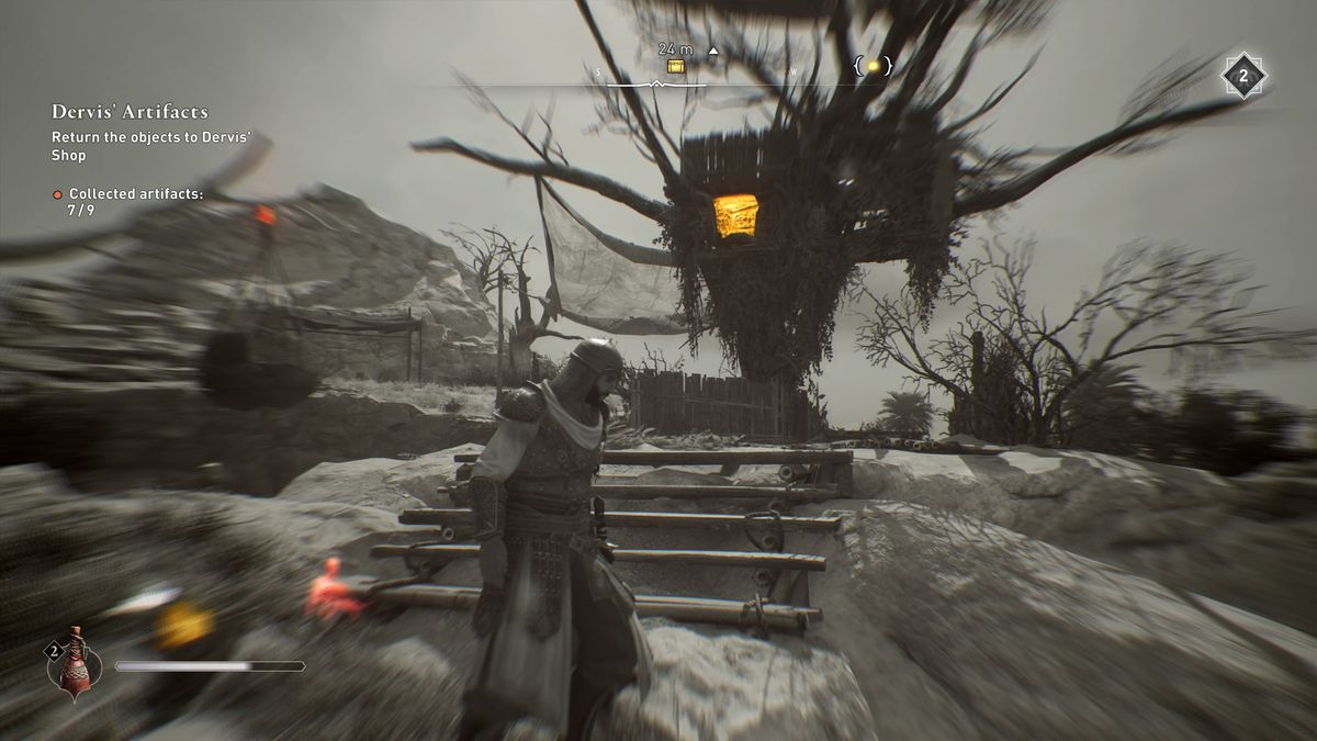 Basim looking at a treehouse in black and white in Assassin’s Creed Mirage.