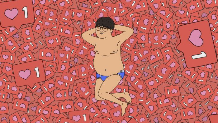 A cartoon boy wearing underwear and floating in a sea of hearts and the number 1.