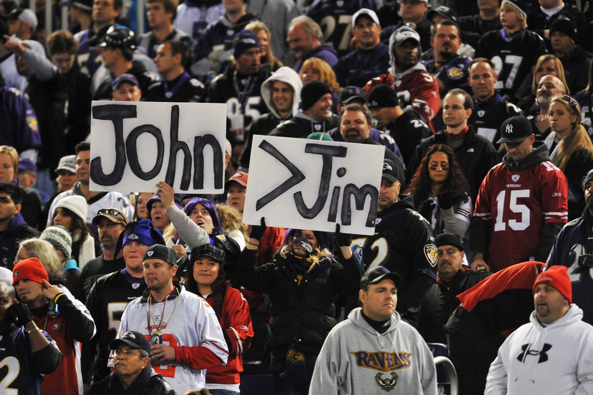 BALTIMORE - NOVEMBER 24:  Fans of the Baltimore Ravens cheer against the San Francisco 49ers at M&T Bank Stadium on November 24. 2011 in Baltimore, Maryland. The Ravens defeated the 49ers 16-6. (Photo by Larry French/Getty Images)