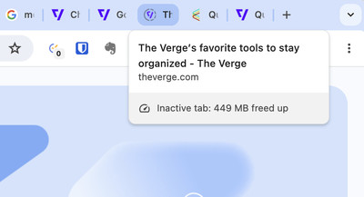 Part of a Chrome page showing several tabs, one of which has a circled icon, with a pop-up menu including the page’s name and URL, and the words “Inactive tab: 449 MB freed up”