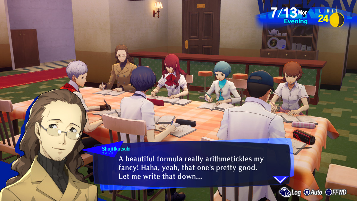 High school students and teachers converse at a school meeting table in Persona 3 Reload