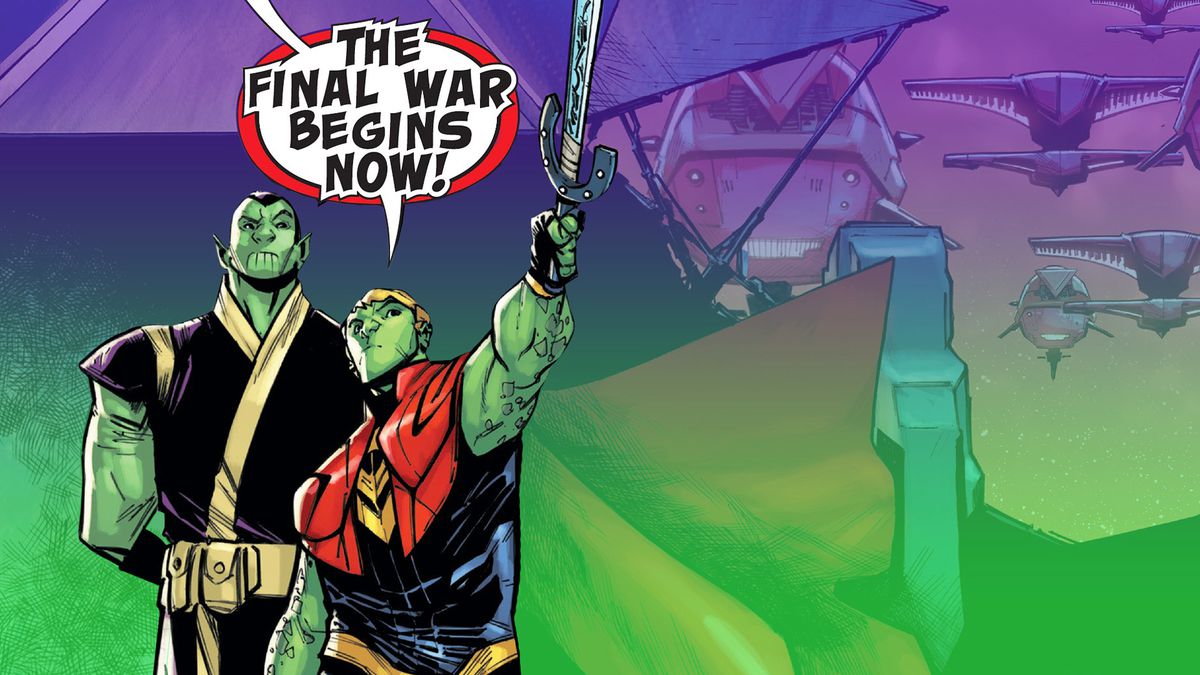 green skinned comic book warriors with speech bubble above their heads with “the final war begins now”