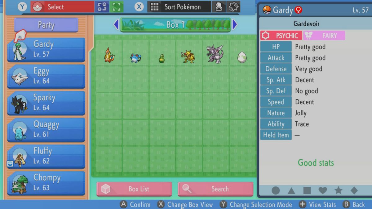 A Pokémon PC box showing the IVs of a Gardevoir