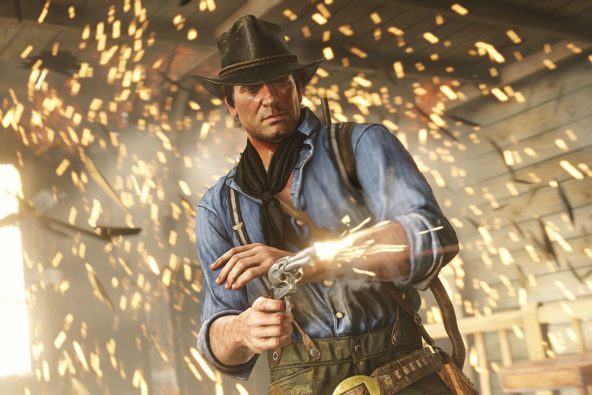 Red Dead Redemption 2 - Arthur Morgan, wearing a brown hat, blue shirt, and black neckerchief, fires his revolver through a hale of sparks.