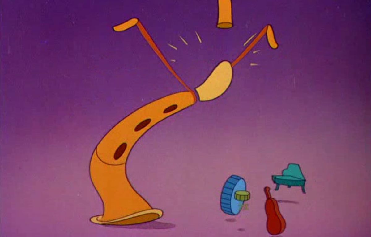A stylized cartoon flute with tiny stick arms appears to be shouting at or being surprised by a much smaller group of animated instruments in the Disney animated short “After You’ve Gone”