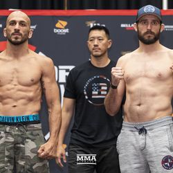 Ryan Couture and Saad Awad pose at Bellator 201 weigh-ins.