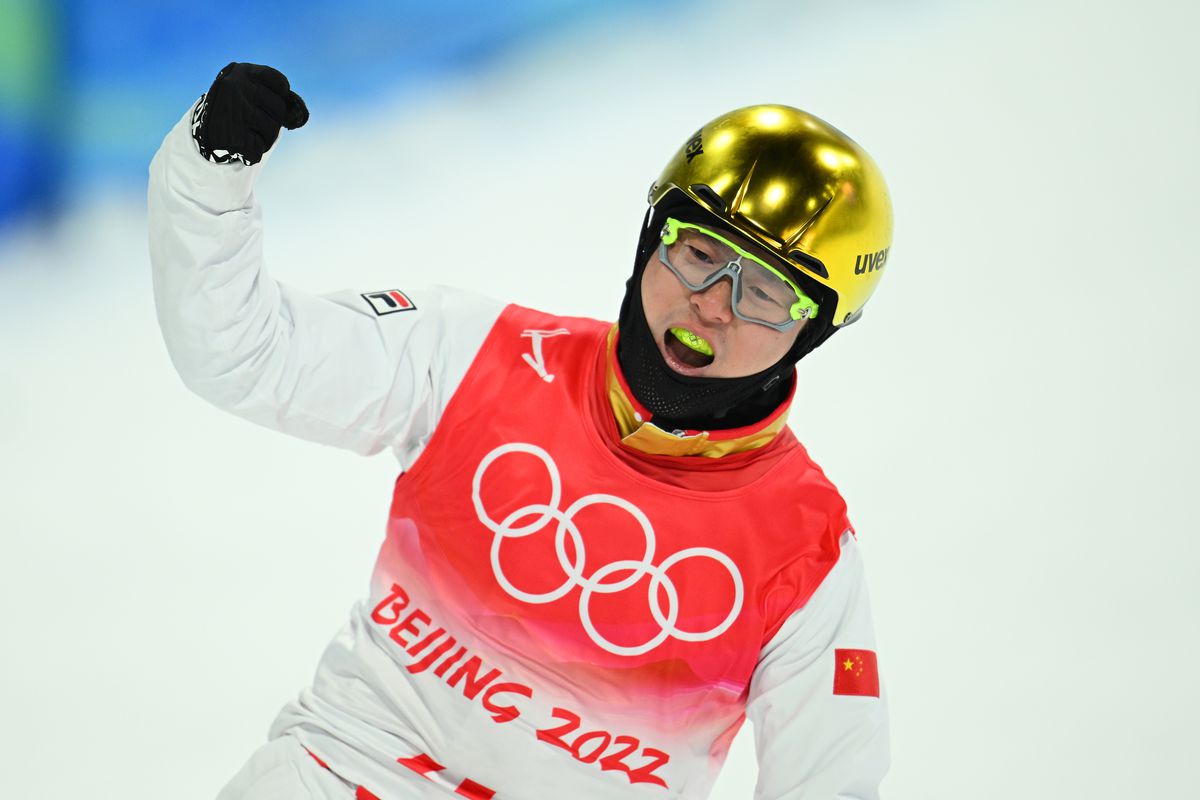 Qi Guangpu of Team China reacts after completing a run during the Men’s Freestyle Skiing Aerials Final on Day 11 of the Beijing 2022 Winter Olympics at Genting Snow Park on February 15, 2022 in Zhangjiakou, China.
