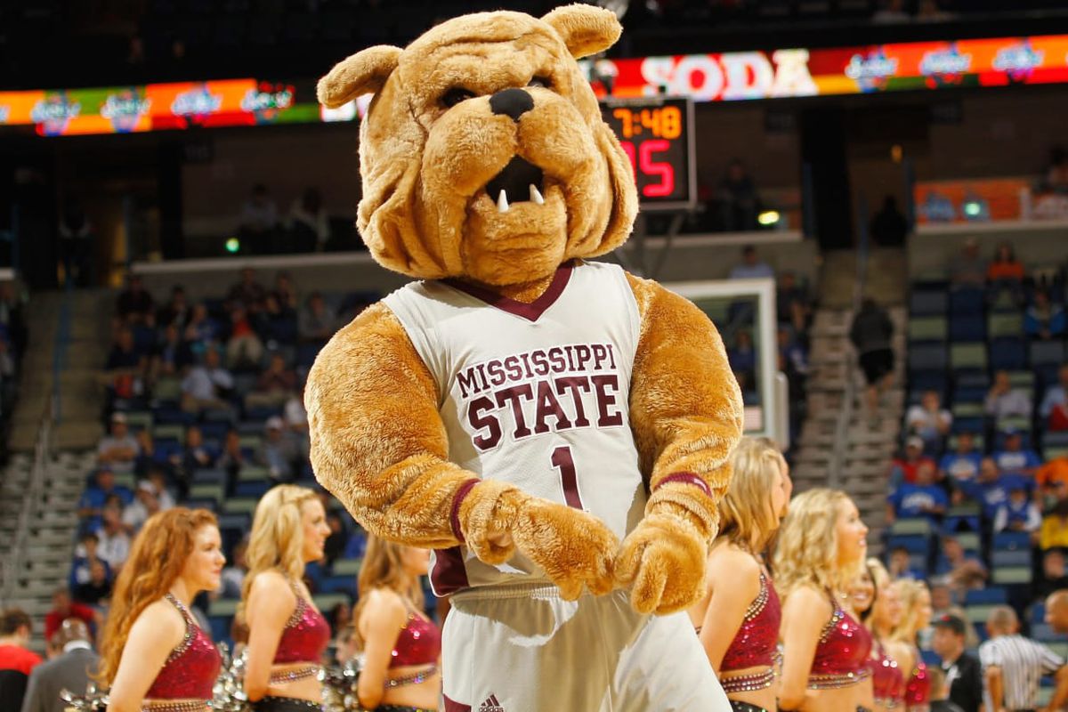 Mississippi State Bulldog mascot in basketball uniform