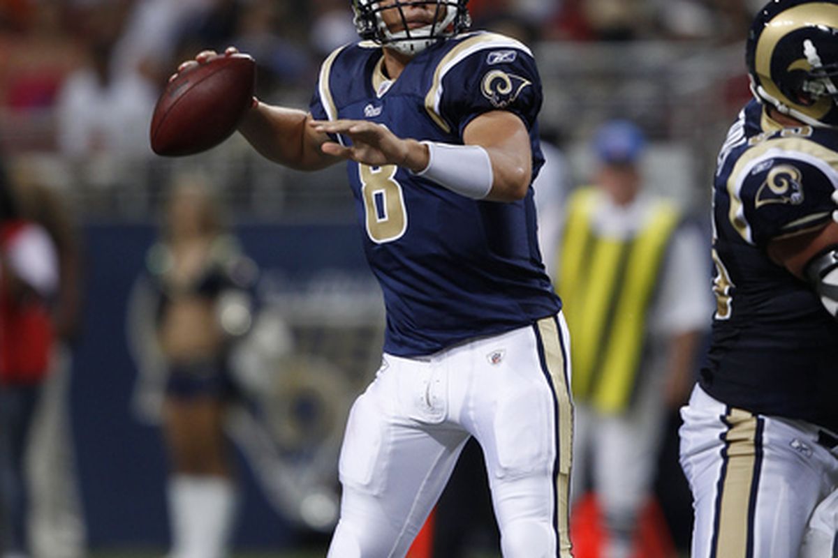 Sam Bradford #8 of the St. Louis Rams looks to pass during the preseason game against the Minnesota Vikings at Edward Jones Dome on August 14 2010 in St. Louis Missouri. (Photo by Joe Robbins/Getty Images)