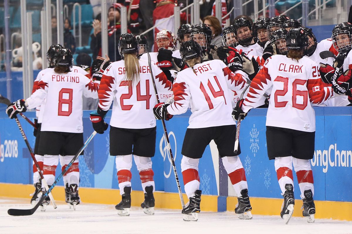Team Canada celebrates after a goal against Olympic Athletes from Russia during the Ice Hockey Women Play-offs Semifinals&nbsp;