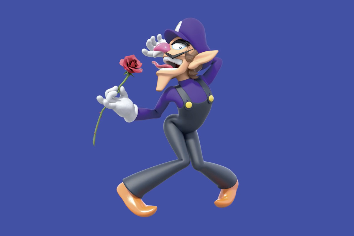Waluigi is deliciously posed with his knees together, feet apart. he carries a rose which his tongue almost touches. it’s completely ridiculous. 