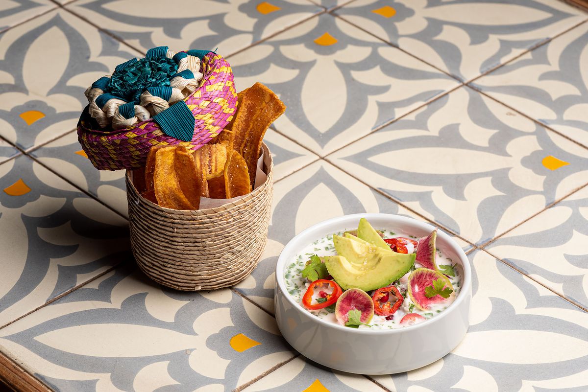 Ceviche with fried plantains.