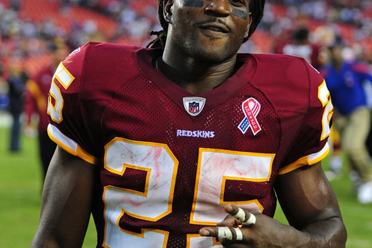 LANDOVER, MD - SEPTEMBER 11: Tim Hightower #25 of the Washington Redskins celebrates after the game against the New York Giants at FedEx Field on September 11, 2011 in Landover, Maryland. (Photo by Scott Cunningham/Getty Images)