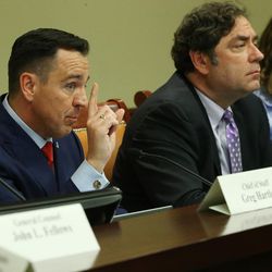House Speaker Greg Hughes, R-Draper, left, and Minority Leader Rep. Brian King, D-Salt Lake City, meet with other House members at the Capitol in Salt Lake City on Tuesday, June 20, 2017. Lawmakers met to discuss the special election to replace Rep. Jason Chaffetz.