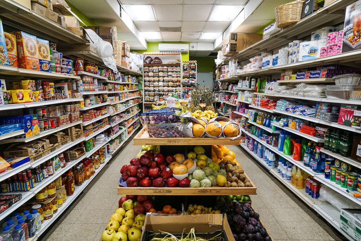 A wide view of produce and dry goods at a Mexican tiendita.