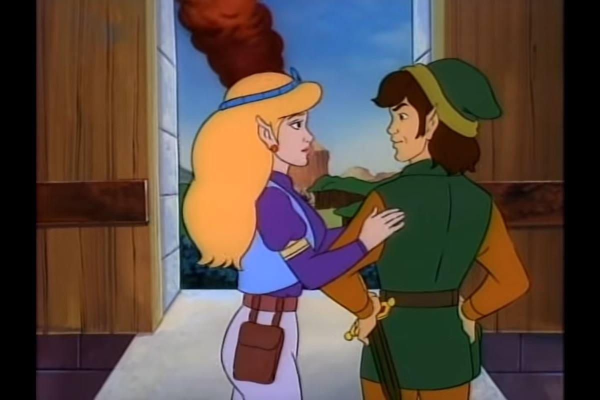Zelda with a hand on LInk’s shoulder. There is smoke in the background