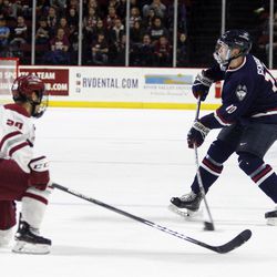 UConn's Miles Gendron (10) during the UConn Huskies vs UMass Minutemen men's college hockey game at the Mullins Center in Amherst, MA on December 1, 2017.