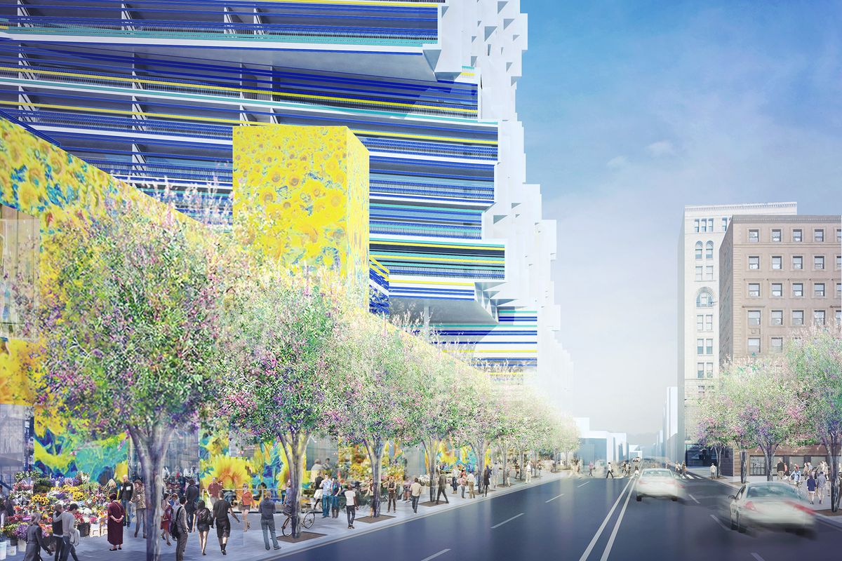 A rendering of a tree-lined sidewalk and a tall, colorful building.