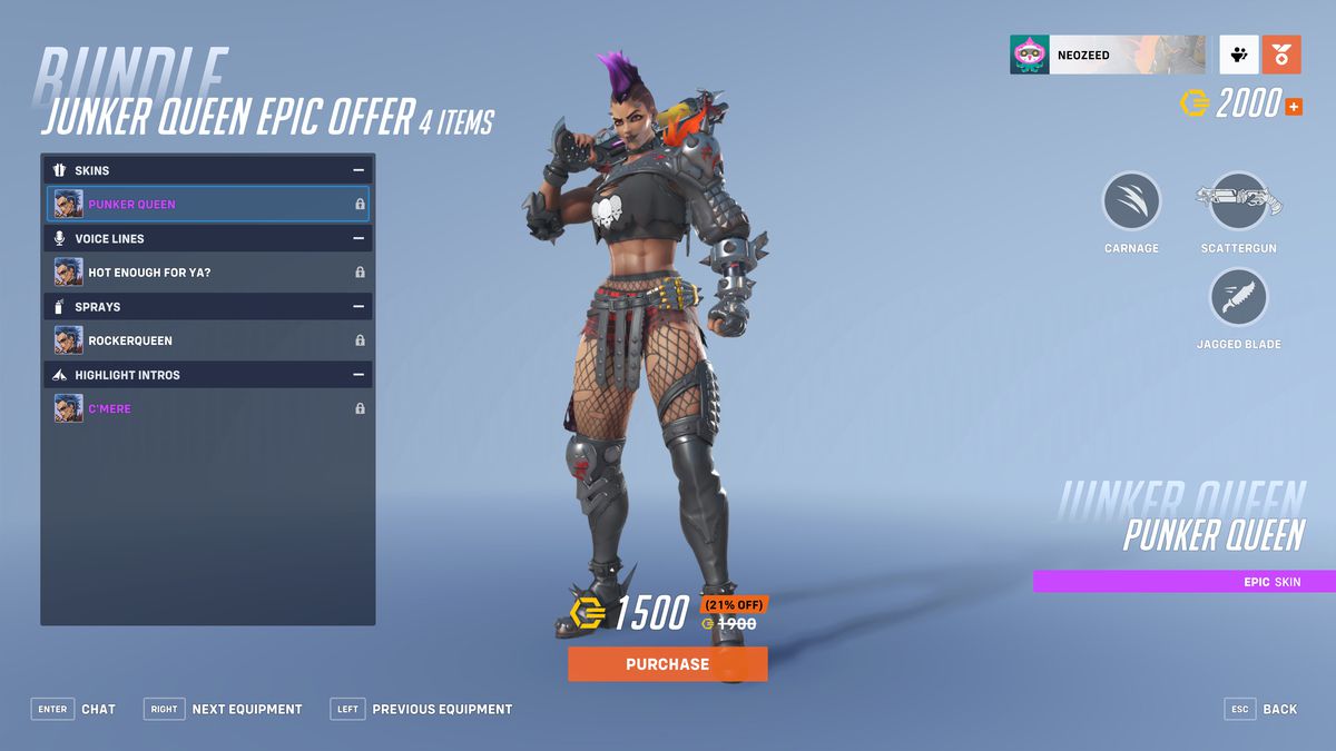 A screenshot from Overwatch 2 showing Junker Queen’s “Punker Queen” skin. She has a colorful mohawk, studded armor, and torn fishnet stockings.