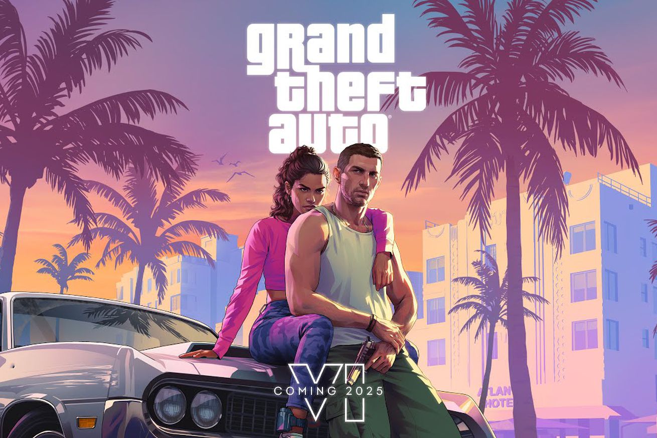 GTA VI artwork, showing the game’s protagonist and her boyfriend sitting on the hood of a muscle car with palm trees behind them.