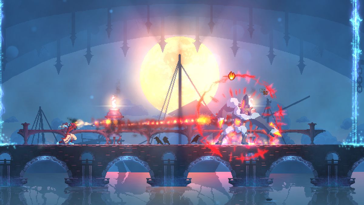The Prisoner launching a ranged attack at an armored enemy in Dead Cells.
