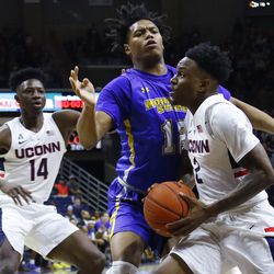 The Morehead State Eagles take on the UConn Huskies in a men’s college basketball game at Gampel Pavilion in Storrs, CT on November 8, 2018