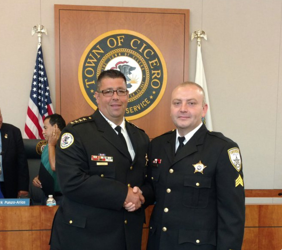 Cicero Police Supt. Jerry Chlada Jr., left, congratulates Frank Savaglio on his promotion to sergeant in a 2016 tweet by the department. | Cicero Police Department twitter