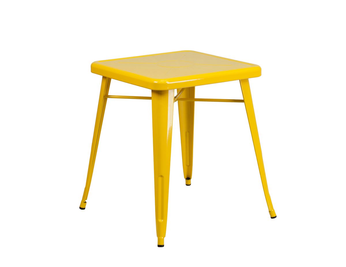 A square yellow metal table with four legs. 