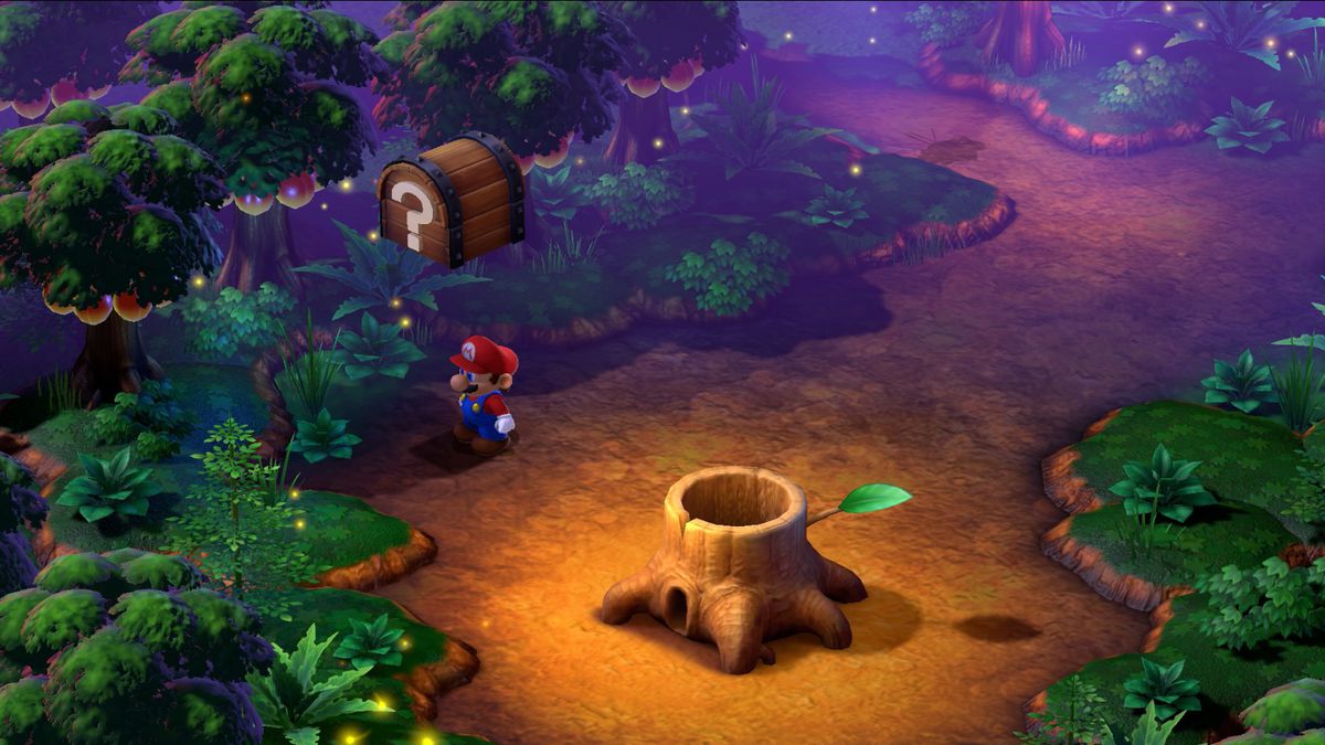 Mario stands under a chest to the left of a stump in the Forest Maze in Super Mario RPG.