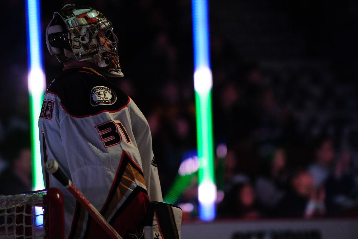 Frederik Andersen waits to face the Vancouver Canucks earlier this month.